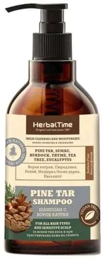 Шампунь Herbal Time Pine Tar дегтярный, против перхоти, с сосновой смолой, чайным деревом, лопухом и тимьяном, 240 мл, Болгария