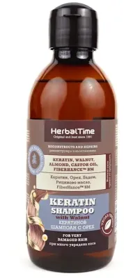 Шампунь Herbal Time Keratin с грецким орехом, кератином, маслом клещевины и миндаля, для повреждённых волос, 240 мл, Болгария
