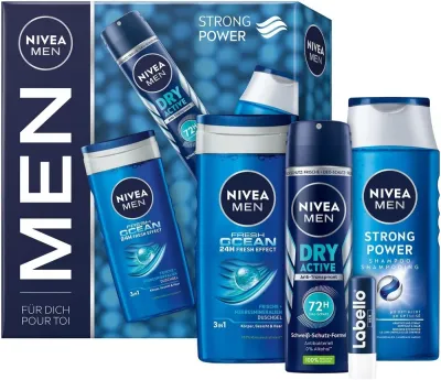 Мужской набор NIVEA Men Strong Power шампунь гель для душа антиперспирант и бальзам для губ 250+250+150 мл+4.8 г