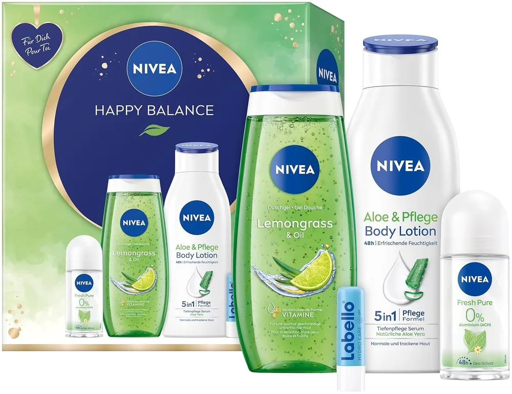 Набор для тела NIVEA Happy Balance гель для душа лосьон дезодорант и бальзам для губ с лемонграссом и алоэ 250+400+50 мл+4.8 г