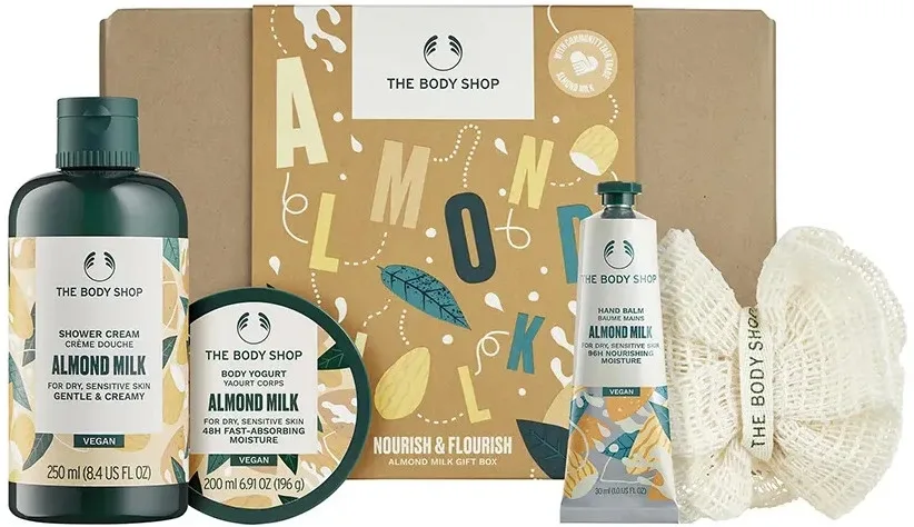 Набор The Body Shop Nourish & Flourish Almond Milk крем для душа 250 мл йогурт для тела 200 мл бальзам для рук 30 мл и мочалка