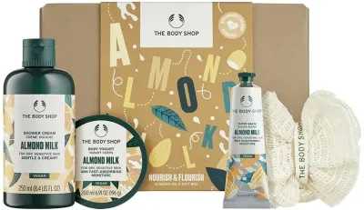Набор The Body Shop Nourish & Flourish Almond Milk крем для душа 250 мл йогурт для тела 200 мл бальзам для рук 30 мл и мочалка