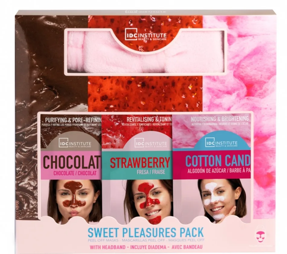 Набор IDC Institute Sweet Pleasures маски для лица шоколад клубника и сахарная вата 3 шт и повязка для волос