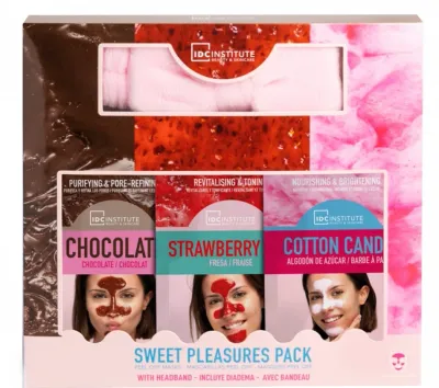 Набор IDC Institute Sweet Pleasures маски для лица шоколад клубника и сахарная вата 3 шт и повязка для волос