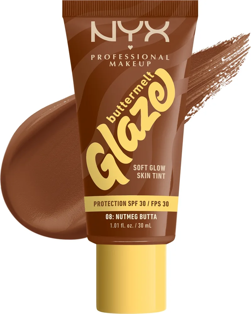 Тонирующий флюид NYX Professional Makeup Buttermelt Glaze Soft Glow Skin Tint сияющий SPF 30, 30 мл, оттенок 08 - Nutmeg Butta