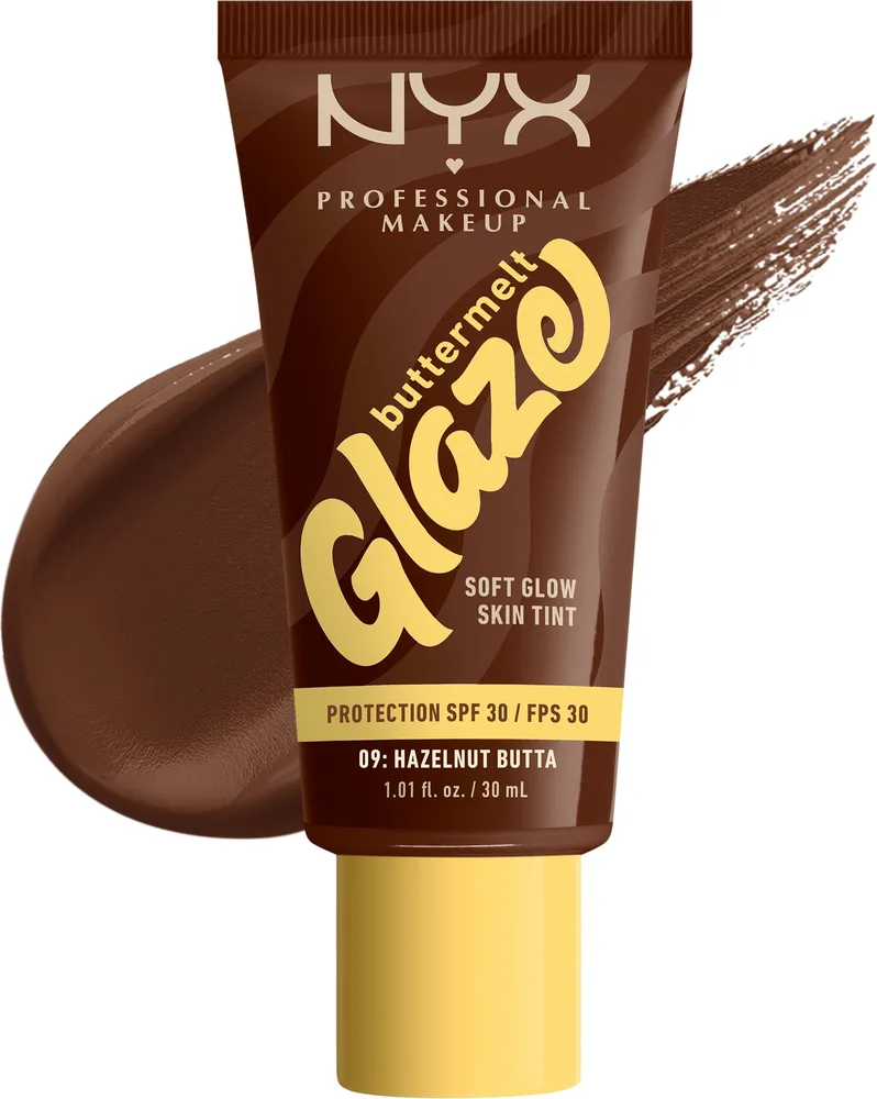 Тонирующий флюид NYX Professional Makeup Buttermelt Glaze Soft Glow Skin Tint сияющий SPF 30, 30 мл, оттенок 09 - Hazelnut Butta