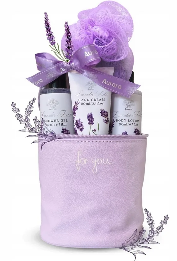Набор Aurora Lavender Fields гель для душа 200 мл бальзам для тела 200 мл крем для рук 100 мл и мочалка люфа