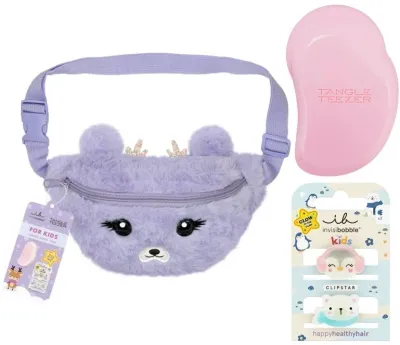 Детский набор Invisibobble & Tangle Teezer KIDS Cozy Reindeer компактная расческа зажимы для волос 2 шт и плюшевая сумка/ Инвизибабл