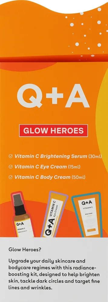 Набор для сияния кожи Q+A Glow Heroes сыворотка крем для глаз и крем для тела с витамином С 30+15+50 мл