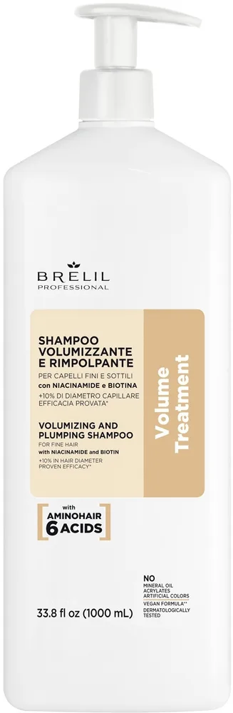 Шампунь Brelil Volume Treatment для объёма и густоты тонких волос, с ниацинамидом и биотином, 250/1000 мл, Италия