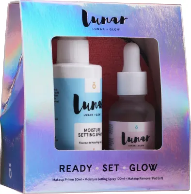 Набор Lunar Glow Ready Set Glow база под макияж 30 мл спрей для фиксации макияжа 100 мл и спонж для демакияжа