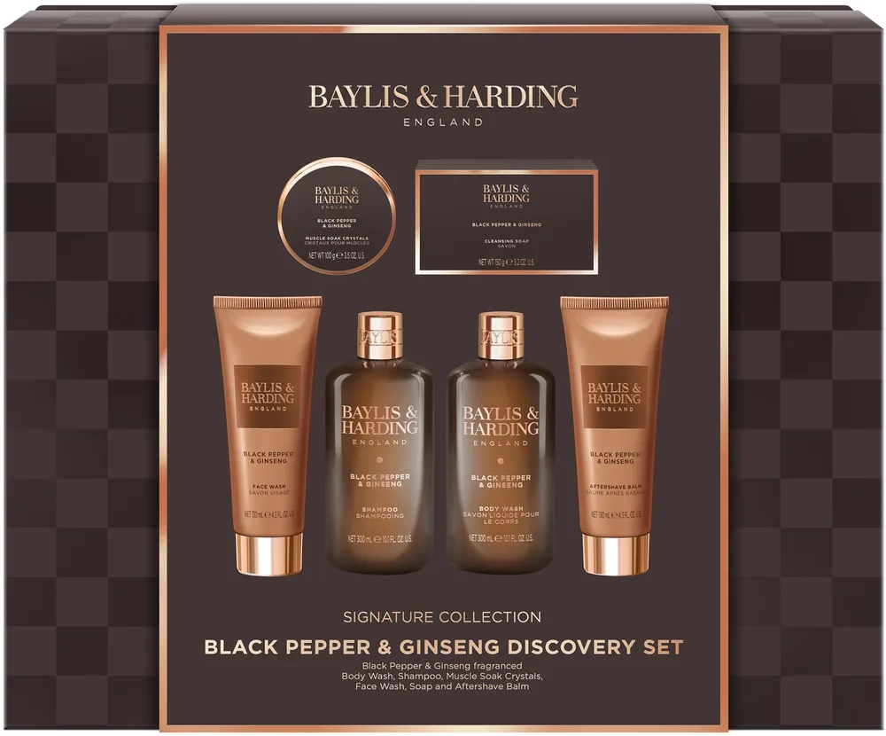 Мужской набор Baylis & Harding Black Pepper & Ginseng гель для душа 300 мл гель для тела и волос 300 мл мыло 150 г бальзам после бритья 130 мл средство для умывания 130