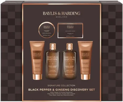 Мужской набор Baylis & Harding Black Pepper & Ginseng гель для душа 300 мл гель для тела и волос 300 мл мыло 150 г бальзам после бритья 130 мл средство для умывания 130