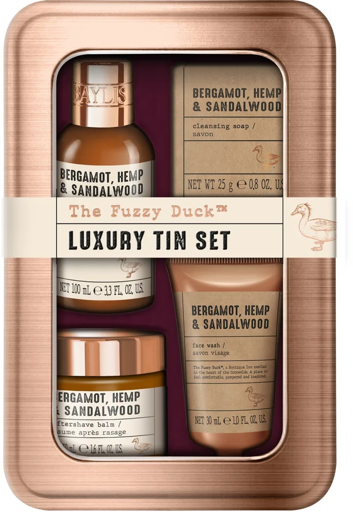 Мужской набор Baylis & Harding The Fuzzy Duck гель для тела и волос 100 мл бальзам после бритья 30 мл мыло 25 г и средство для умывания 30 мл в жестяной коробке