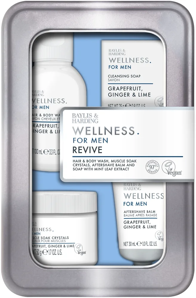 Мужской набор Baylis & Harding Wellness For Men гель для тела и волос 100 мл бальзам после бритья 30 мл мыло 25 г и кристаллы для ванны 50 г в жестяной коробке