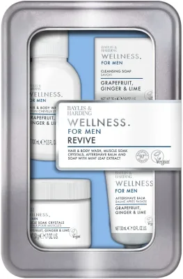 Мужской набор Baylis & Harding Wellness For Men гель для тела и волос 100 мл бальзам после бритья 30 мл мыло 25 г и кристаллы для ванны 50 г в жестяной коробке