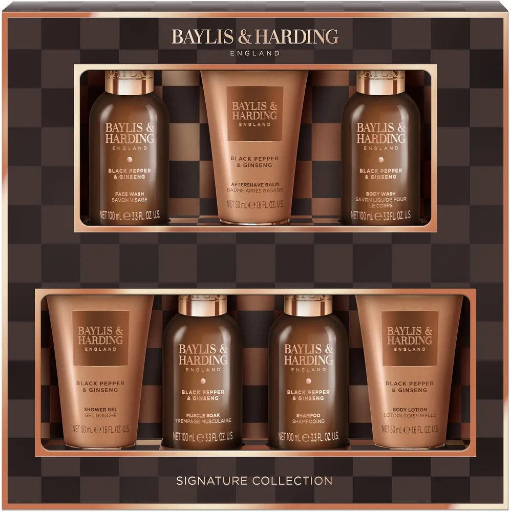 Мужской набор Baylis & Harding Black Pepper & Ginseng гель для душа 100 мл гель для тела и волос 100 мл бальзам после бритья 50 мл средство для умывания 50 мл лосьон 50