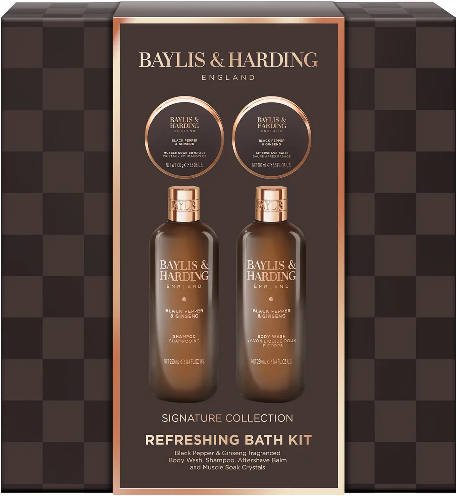 Мужской набор Baylis & Harding Black Pepper & Ginseng гель для душа 250 мл гель для тела и волос 250 мл бальзам после бритья 100 мл и кристаллы для ванны 100 г