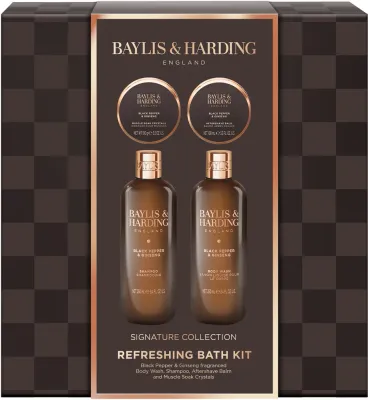 Мужской набор Baylis & Harding Black Pepper & Ginseng гель для душа 250 мл гель для тела и волос 250 мл бальзам после бритья 100 мл и кристаллы для ванны 100 г