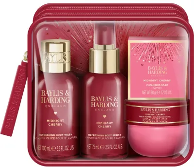 Дорожный набор Baylis & Harding Midnight Cherry спрей для тела 75 мл мыло 50 г гель для душа 100 мл масло для тела 50 мл и косметичка