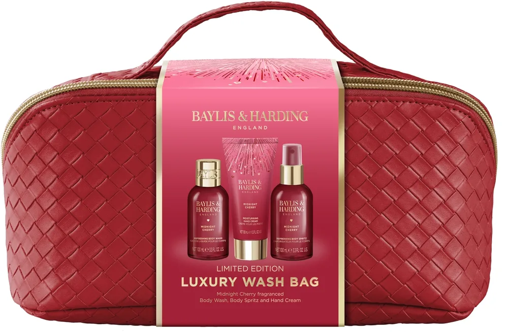 Набор Baylis & Harding Midnight Cherry гель для душа 100 мл спрей для тела 100 мл крем для рук 100 мл и косметичка