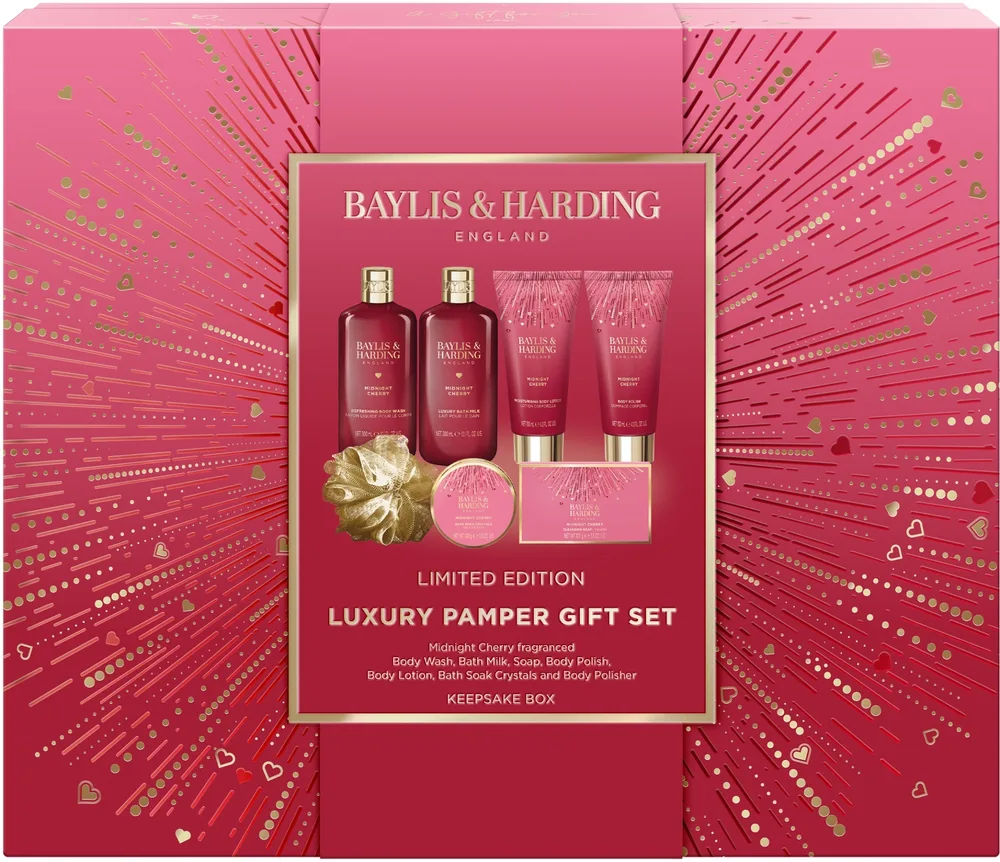 Набор Baylis & Harding Midnight Cherry гель 300 мл молочко для ванны 300 мл скраб 130 мл лосьон 130 мл мыло 100 г кристаллы 100 г и мочалка