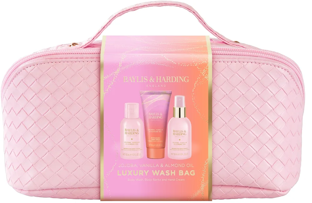 Набор Baylis & Harding Jojoba Vanilla & Almond Oil гель для душа 100 мл спрей для тела 100 мл крем для рук 100 мл и косметичка