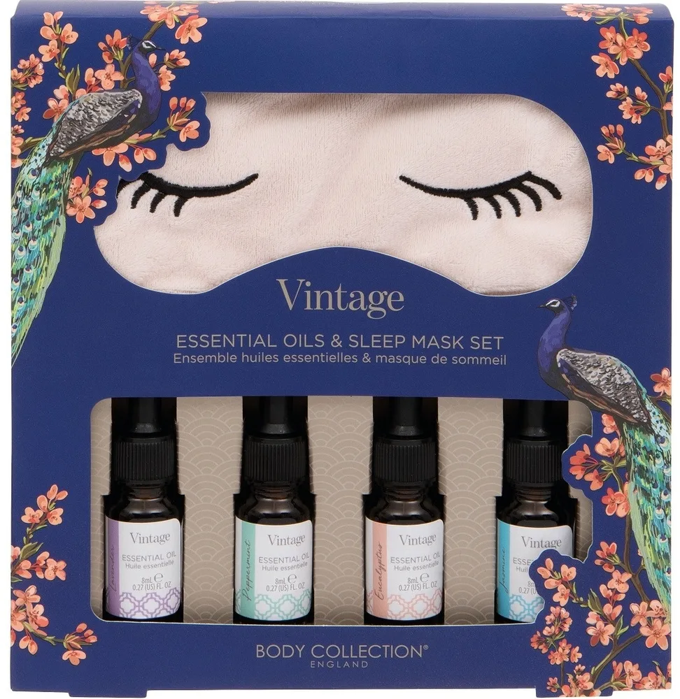 Набор Technic Cosmetics Vintage эфирные масла лаванда мята эвкалипт и жасмин 4 шт по 8 мл и маска для сна
