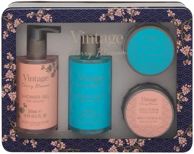 Набор Technic Cosmetics Vintage Cherry Blossom гель для душа 250 мл жидкость для ванны 250 мл скраб для тела 150 мл и жестяная коробка