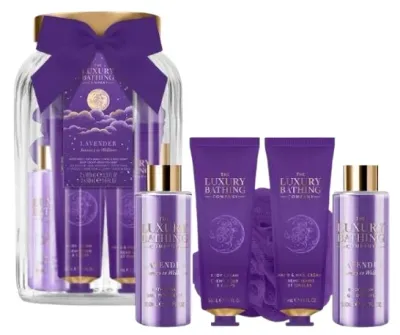 Набор Grace Cole Lavender Journey To Wellness крем для рук 50 мл крем для тела 50 мл гель для душа 100 мл соль для ванны 100 мл мочалка и стеклянная банка