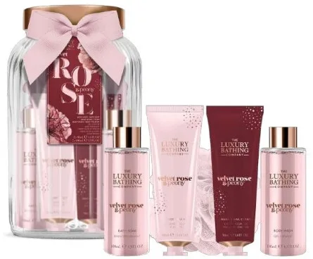 Набор Grace Cole Velvet Rose And Peony крем для тела 50 мл крем для рук 50 мл гель для душа 100 мл соль для ванны 100 мл мочалка и стеклянная банка