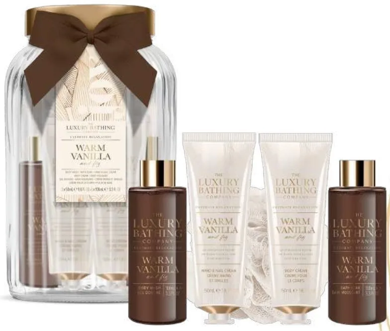Набор Grace Cole Warm Vanilla & Fig крем для тела 50 мл крем для рук 50 мл гель для душа 100 мл пена для ванны 100 мл мочалка и стеклянная банка
