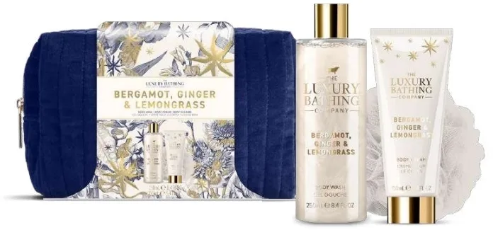 Набор для тела Grace Cole The Luxury Bathing Bergamot Ginger Lemongrass Weekend Escape: гель для душа 250 мл, крем для тела 150 мл, мочалка и косметичка