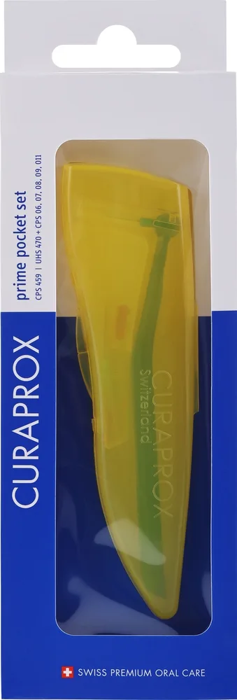 Набор межзубных ершиков Curaprox CPS Prime с держателем UHS 470 в желтом футляре