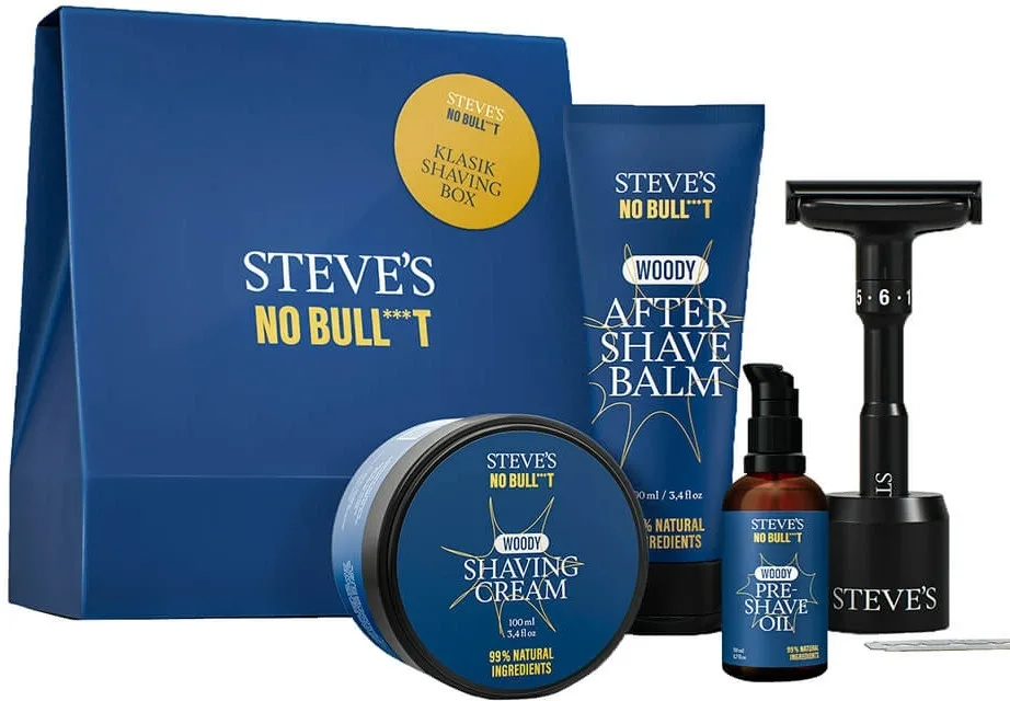 Steve?s No Bull***t Steve's No Bull***t Klasik Shaving Box (sh/oil/50 мл + sh/cr/100 мл + a/sh/balm/100 мл + razor) * - Мужской набор для бритья Steve's Klasik масло крем и бальзам после бритья с маслом овса и пантенолом уценка