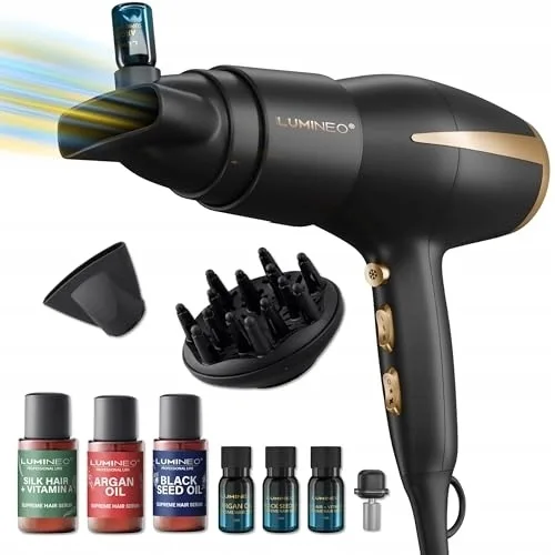 Набор Lumineo Silken Flow фен для волос и сыворотки с аргановым маслом маслом черного тмина и шелком 3 шт по 20 мл