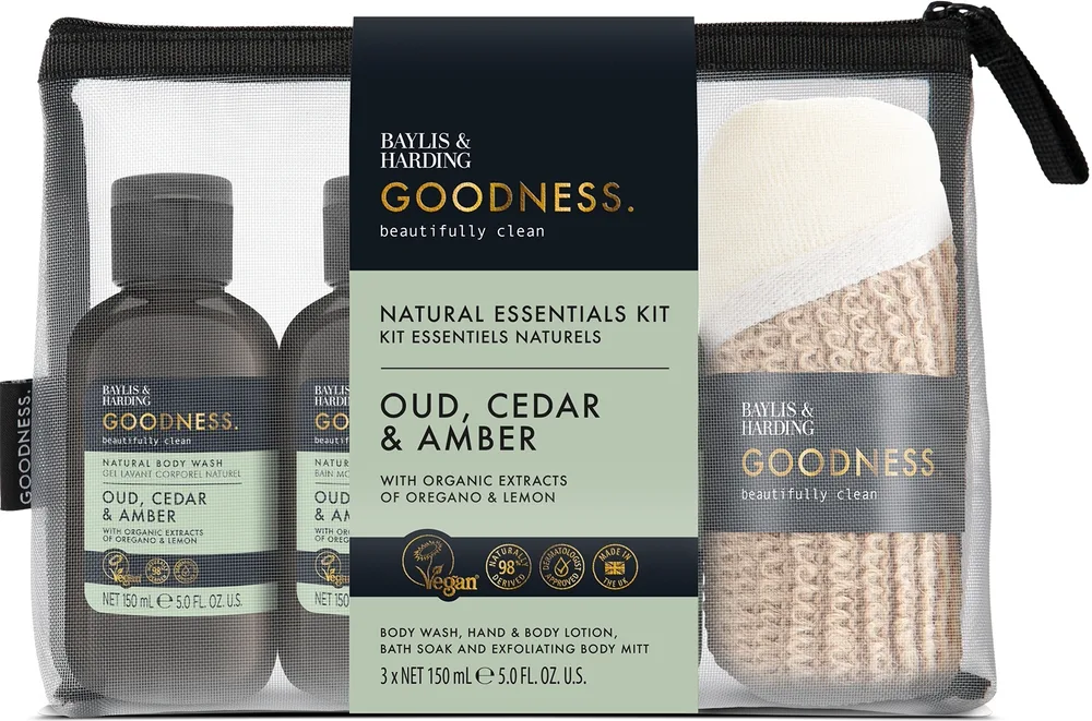 Набор Baylis & Harding Goodness Oud Cedar & Amber средство для ванны 150 мл гель для душа 150 мл лосьон 150 мл и отшелушивающая рукавица