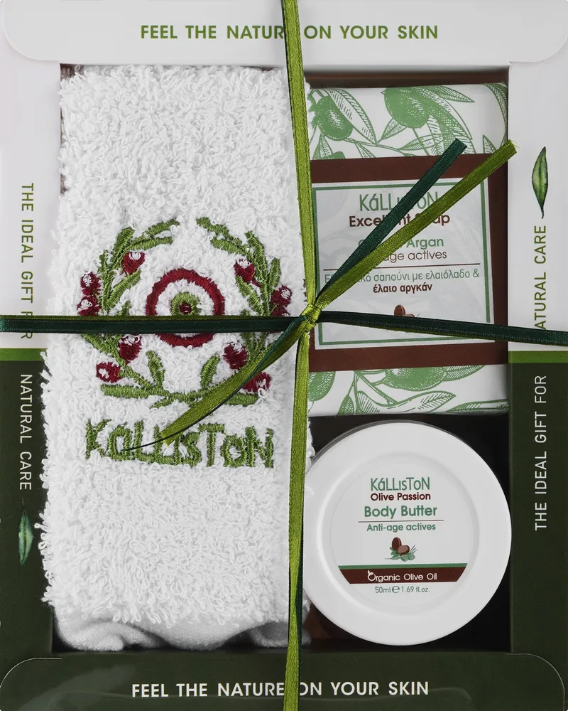 Набор для тела Kalliston Argan масло для тела оливковое мыло и полотенце с аргановым маслом 50 мл+60 г