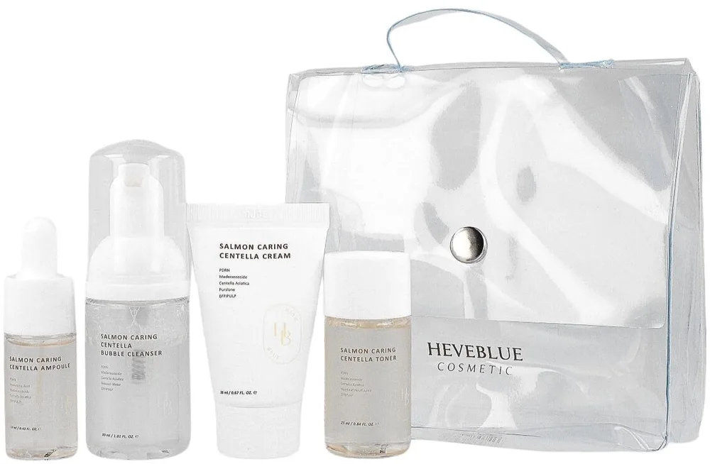 Дорожный набор для лица Heve Blue Salmon Caring Centella пенка крем тоник и сыворотка с центеллой 30+20+25+13 мл