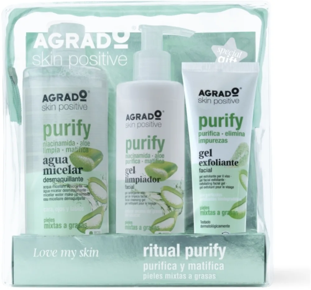 Набор Agrado Ritual Purify мицеллярная вода 400 мл очищающий гель 250 мл и отшелушивающий гель 100 мл