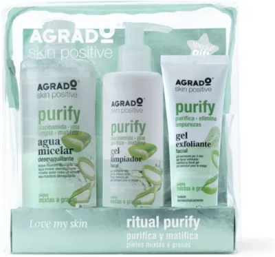 Набор Agrado Ritual Purify мицеллярная вода 400 мл очищающий гель 250 мл и отшелушивающий гель 100 мл