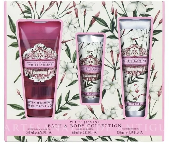 Aromas Artesanales de Antigua Aromas Artesanales De Antigua White Jasmine Bath & Body Collection (sh/gel/200 мл + b/cr/130 мл + h/cr/60 мл) - Набор для тела Aromas Artesanales White Jasmine гель для душа крем для тела и крем для рук с маслом ши и ароматом белого жасмина 200+130+60 мл