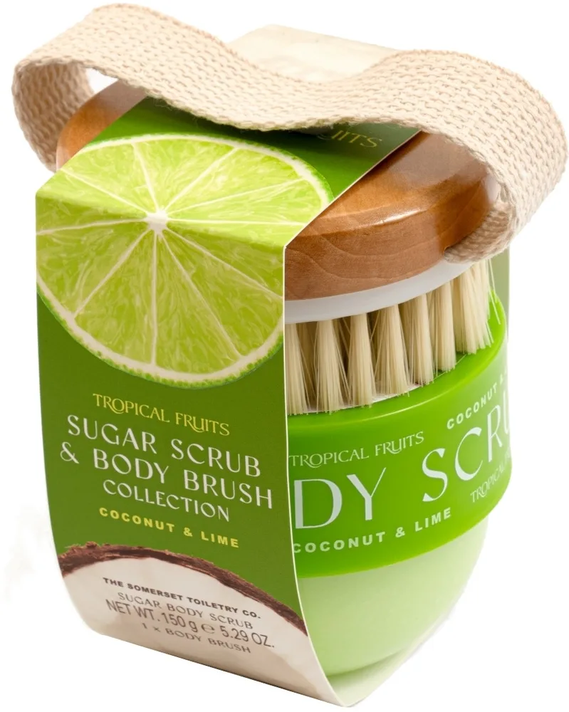 Набор для тела Tropical Fruits Coconut & Lime сахарный скраб и щетка для тела с ароматом кокоса и лайма 150 г