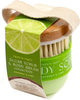 Набор для тела Tropical Fruits Coconut & Lime сахарный скраб и щетка для тела с ароматом кокоса и лайма 150 г