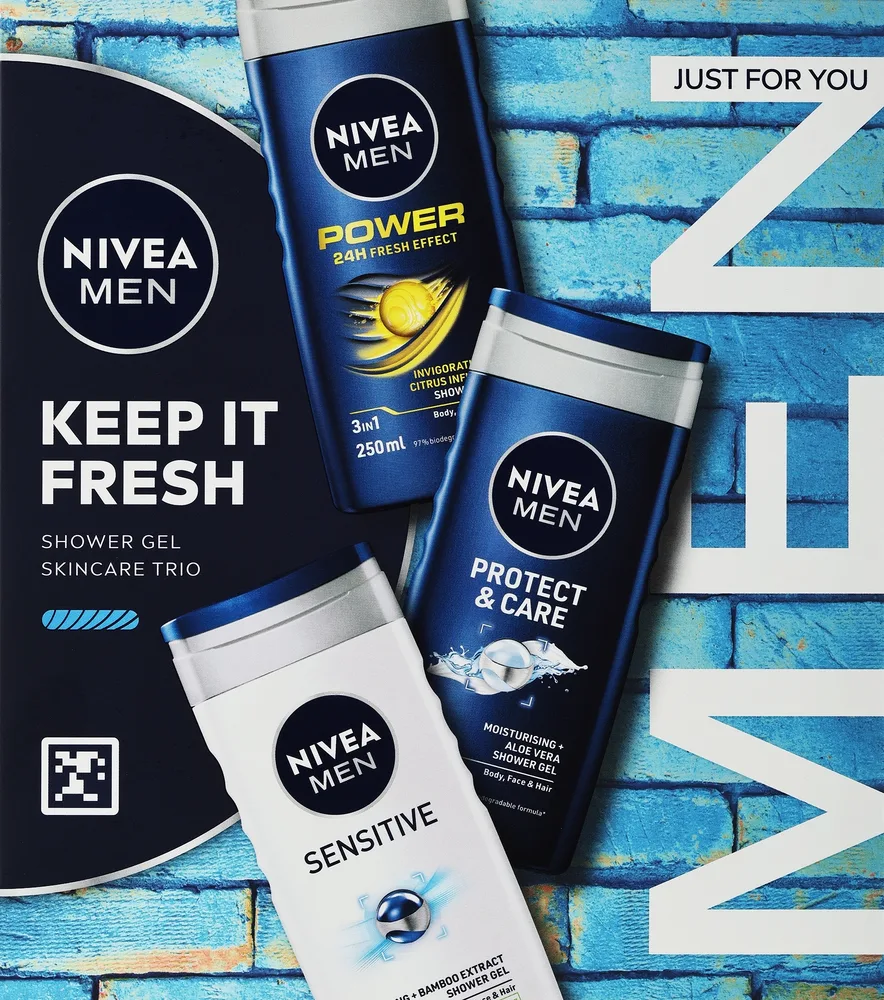Мужской набор гелей для душа NIVEA Men три геля Protect Power и Sensitive с ментолом 3x250 мл