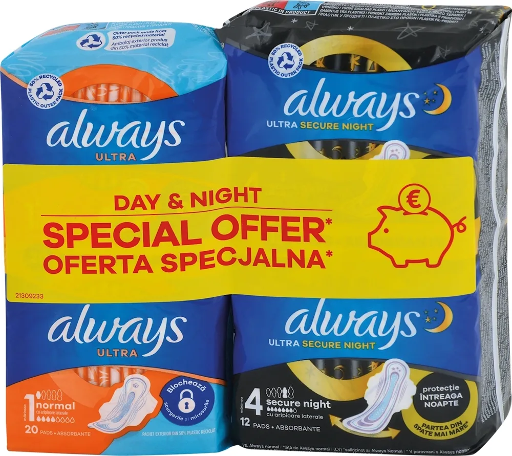 Набор прокладок Always Ultra Normal размер 1 20 шт и Secure Night размер 4 12 шт