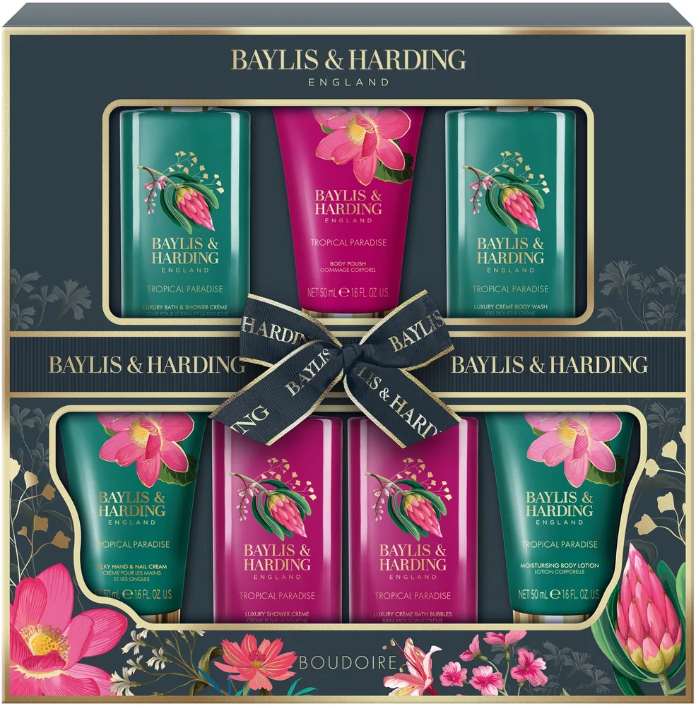Набор Baylis & Harding Boudoire Tropical Paradise пена для ванны 100 мл три средства для душа по 100 мл лосьон 50 мл и крем для рук 50 мл
