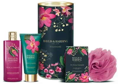 Набор Baylis & Harding Boudoire Tropical Paradise крем для душа 300 мл лосьон 130 мл кристаллы для ванны 150 г и мочалка
