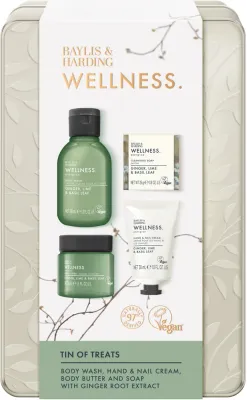 Набор Baylis & Harding Wellness гель для душа 100 мл масло для тела 50 мл мыло 25 г и крем для рук 30 мл в жестяной коробке