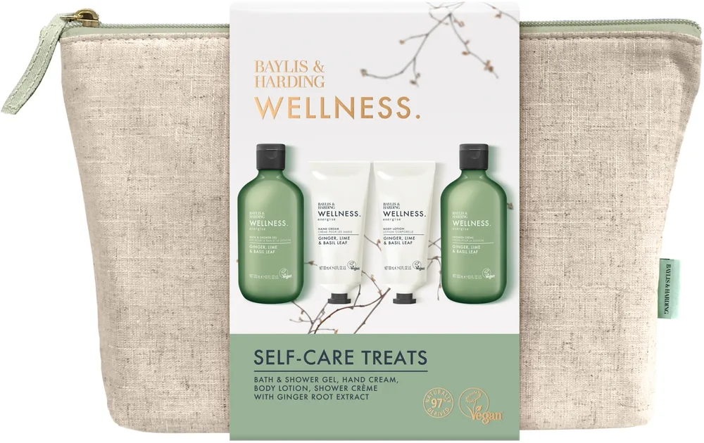 Набор Baylis & Harding Wellness гель для ванны и душа 300 мл крем для душа 300 мл лосьон 130 мл крем для рук 130 мл и косметичка